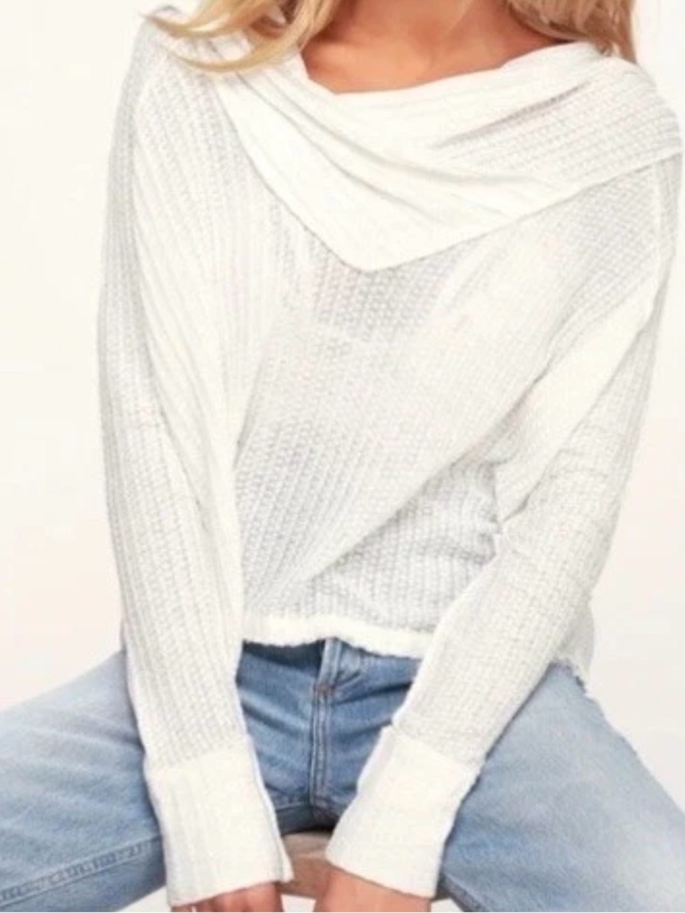 FREE PEOPLE Wildcat Thermal Wide Boxy White Long Sleeve Waffle Top Sz medium
